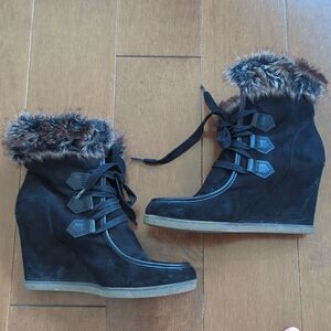 Suede Booties  faux fur trim